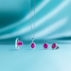 Diamond Necklace Earring and Ring in 18K White Gold with Ruby HS0009